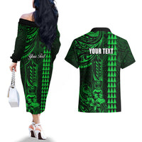Personalized Hawaii Hauoli Makahiki Hou Couples Matching Off The Shoulder Long Sleeve Dress and Hawaiian Shirt Lono Hawaiian God Kakau Polynesian Tribal Green LT05 - Polynesian Pride