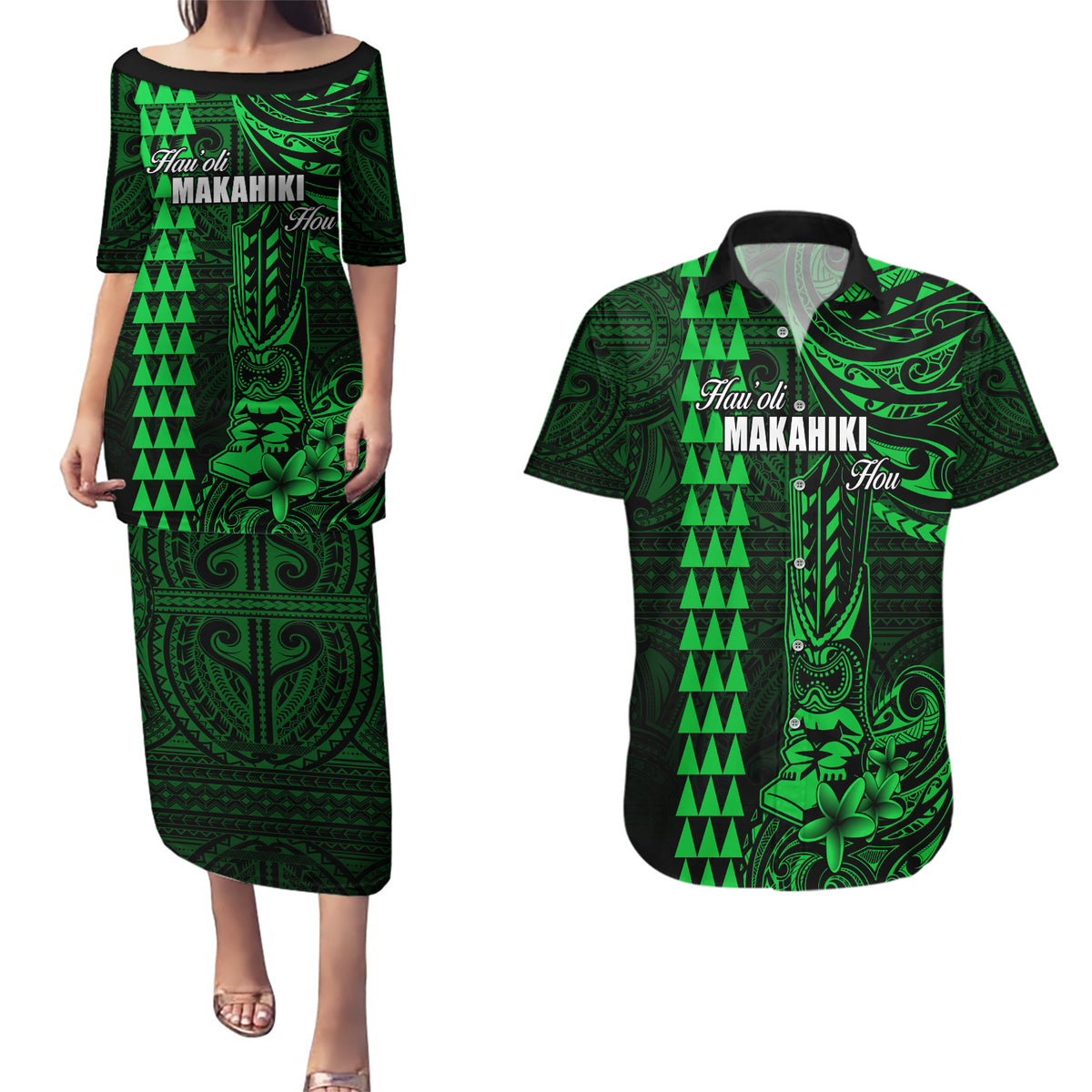 Personalized Hawaii Hauoli Makahiki Hou Couples Matching Puletasi Dress and Hawaiian Shirt Lono Hawaiian God Kakau Polynesian Tribal Green LT05 Green - Polynesian Pride