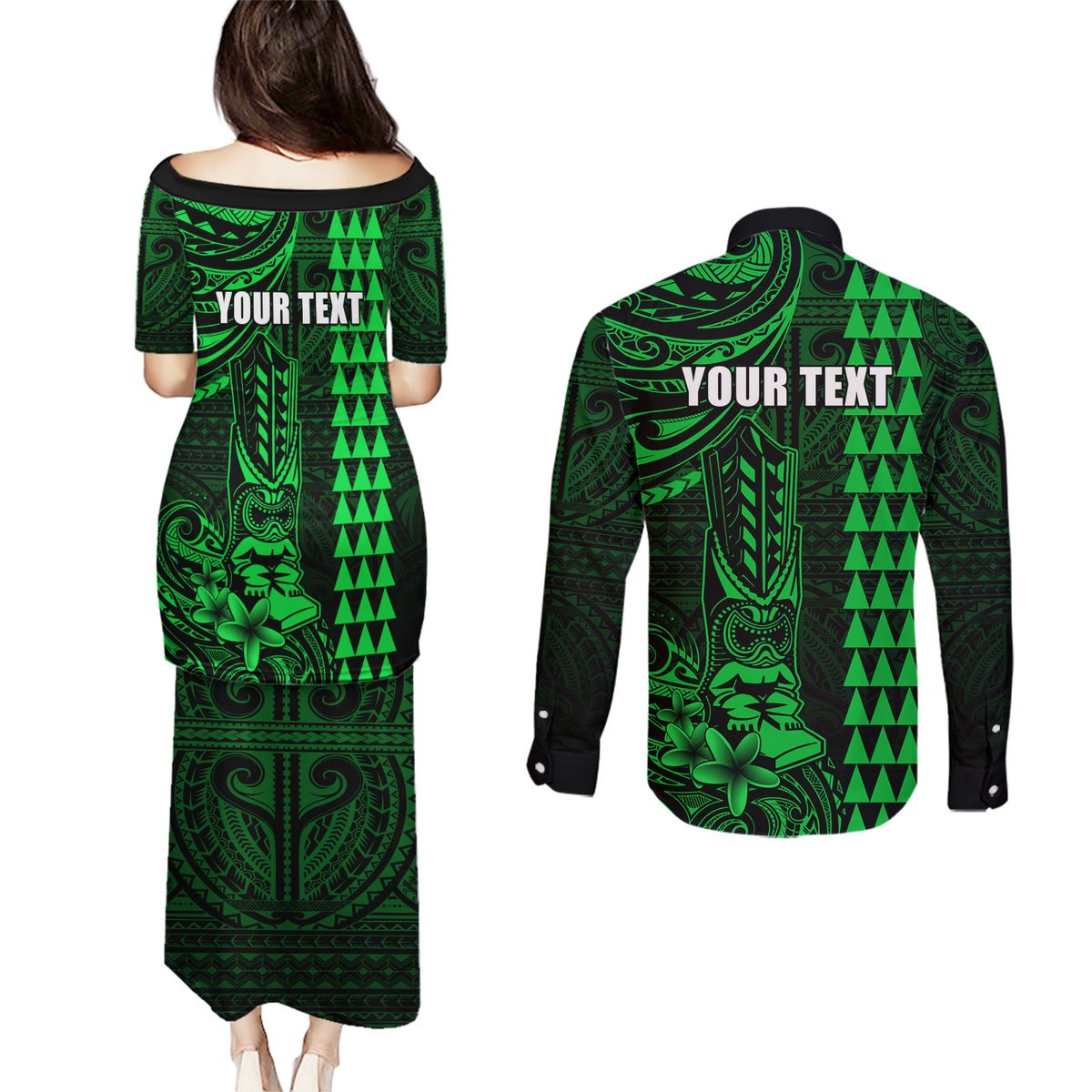Personalized Hawaii Hauoli Makahiki Hou Couples Matching Puletasi Dress and Long Sleeve Button Shirts Lono Hawaiian God Kakau Polynesian Tribal Green LT05 - Polynesian Pride