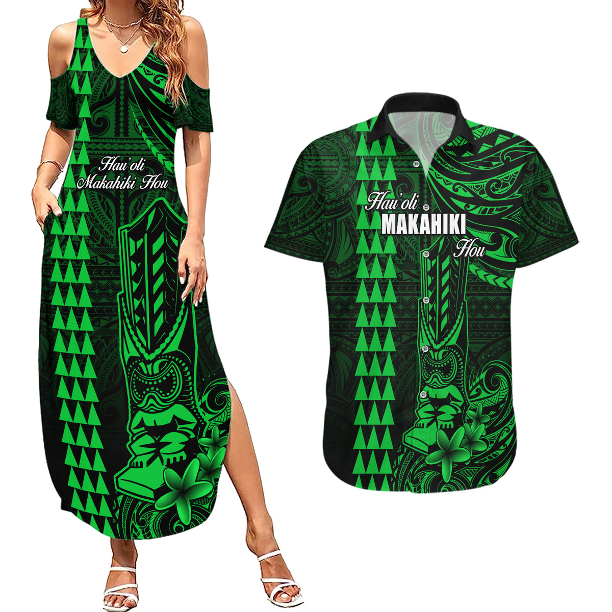 Personalized Hawaii Hauoli Makahiki Hou Couples Matching Summer Maxi Dress and Hawaiian Shirt Lono Hawaiian God Kakau Polynesian Tribal Green LT05 Green - Polynesian Pride