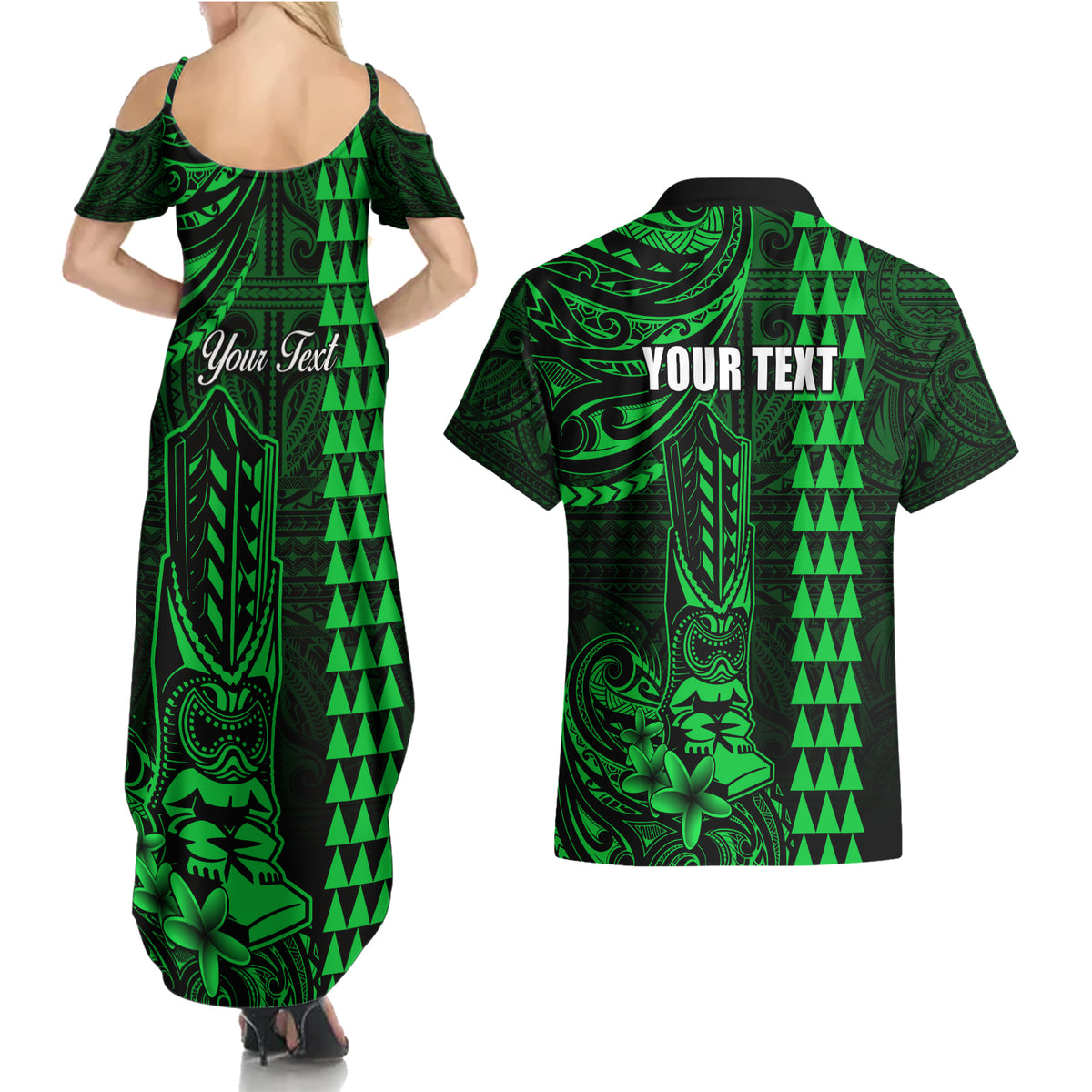 Personalized Hawaii Hauoli Makahiki Hou Couples Matching Summer Maxi Dress and Hawaiian Shirt Lono Hawaiian God Kakau Polynesian Tribal Green LT05 - Polynesian Pride