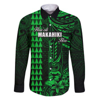 Personalized Hawaii Hauoli Makahiki Hou Family Matching Off Shoulder Short Dress and Hawaiian Shirt Lono Hawaiian God Kakau Polynesian Tribal Green LT05 Dad's Shirt - Long Sleeve Green - Polynesian Pride