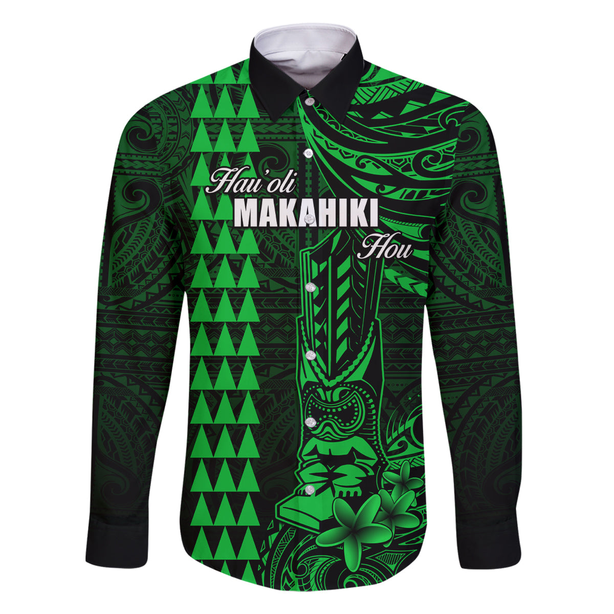 Personalized Hawaii Hauoli Makahiki Hou Family Matching Summer Maxi Dress and Hawaiian Shirt Lono Hawaiian God Kakau Polynesian Tribal Green LT05 Dad's Shirt - Long Sleeve Green - Polynesian Pride