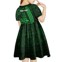 Personalized Hawaii Hauoli Makahiki Hou Kid Short Sleeve Dress Lono Hawaiian God Kakau Polynesian Tribal Green LT05 - Polynesian Pride