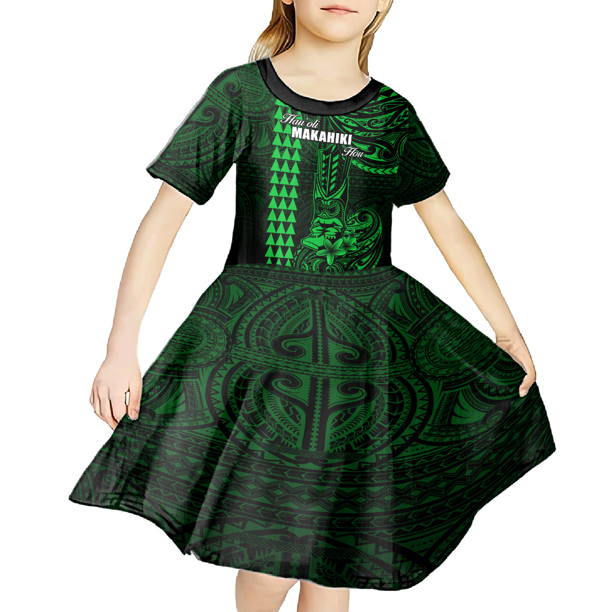 Personalized Hawaii Hauoli Makahiki Hou Kid Short Sleeve Dress Lono Hawaiian God Kakau Polynesian Tribal Green LT05 - Polynesian Pride
