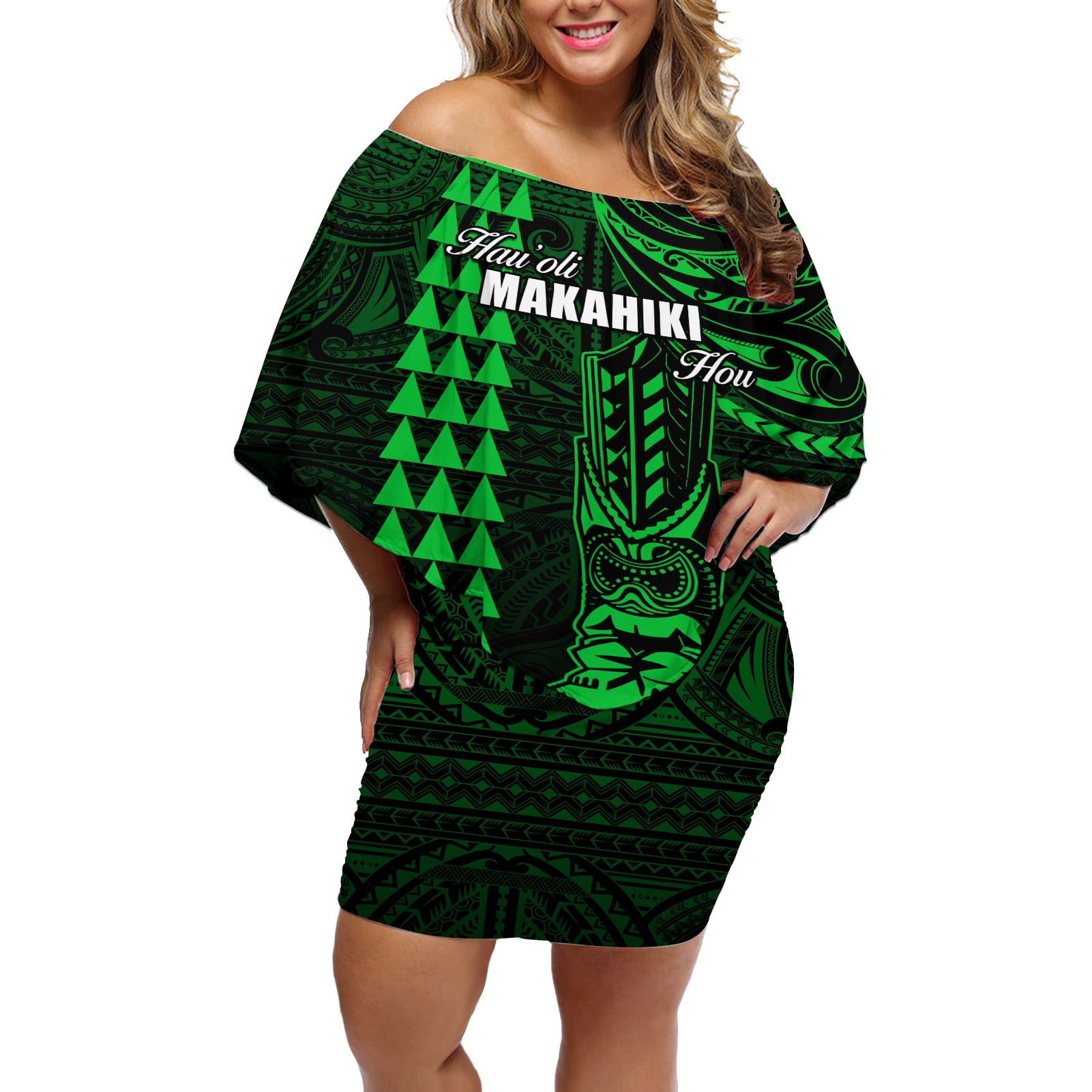 Personalized Hawaii Hauoli Makahiki Hou Off Shoulder Short Dress Lono Hawaiian God Kakau Polynesian Tribal Green LT05 Women Green - Polynesian Pride