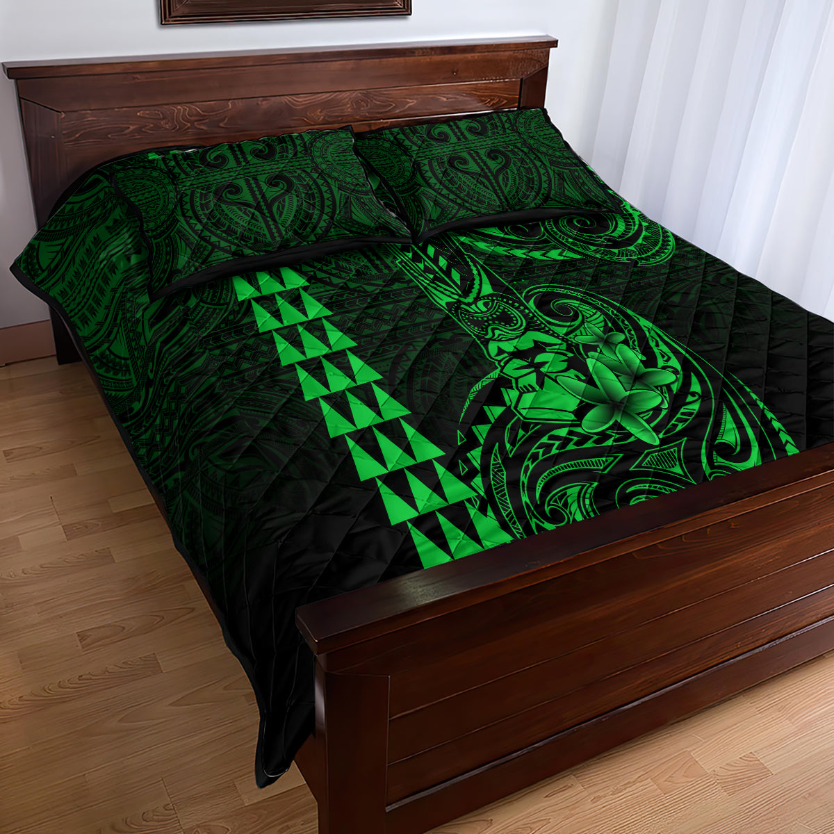 Hawaii Hauoli Makahiki Hou Quilt Bed Set Lono Hawaiian God Kakau Polynesian Tribal Green LT05 - Polynesian Pride