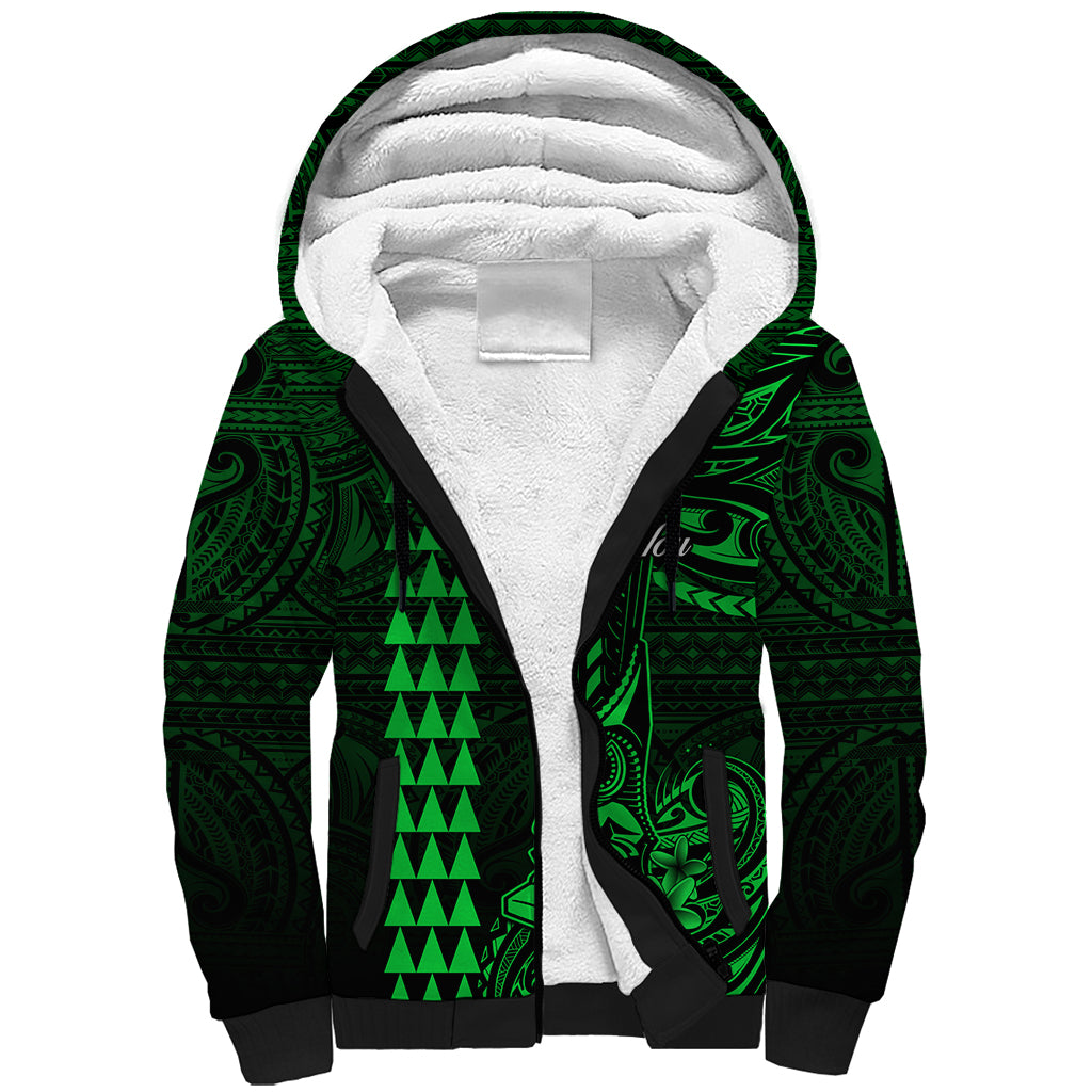 Personalized Hawaii Hauoli Makahiki Hou Sherpa Hoodie Lono Hawaiian God Kakau Polynesian Tribal Green LT05 Unisex Green - Polynesian Pride