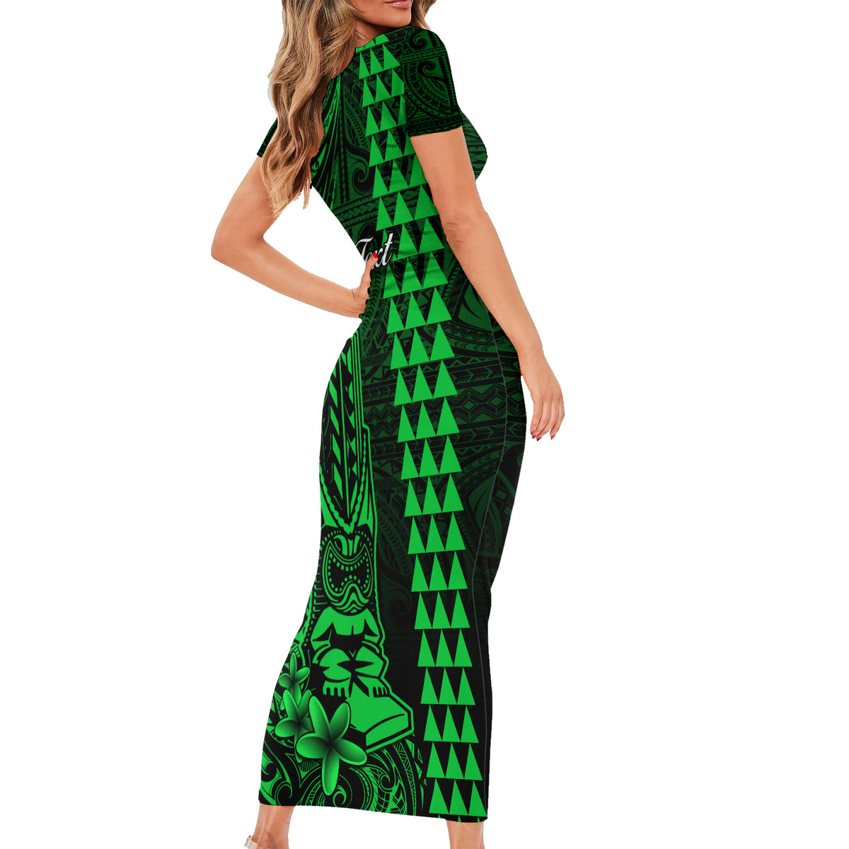 Personalized Hawaii Hauoli Makahiki Hou Short Sleeve Bodycon Dress Lono Hawaiian God Kakau Polynesian Tribal Green LT05 - Polynesian Pride