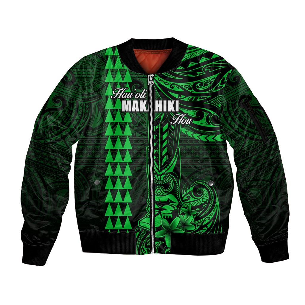 Personalized Hawaii Hauoli Makahiki Hou Sleeve Zip Bomber Jacket Lono Hawaiian God Kakau Polynesian Tribal Green LT05 Unisex Green - Polynesian Pride