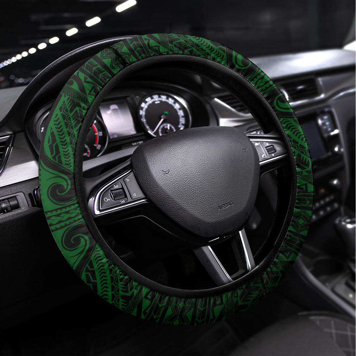 Hawaii Hauoli Makahiki Hou Steering Wheel Cover Lono Hawaiian God Kakau Polynesian Tribal Green