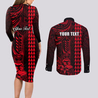 Personalized Hawaii Hauoli Makahiki Hou Couples Matching Long Sleeve Bodycon Dress and Long Sleeve Button Shirts Lono Hawaiian God Kakau Polynesian Tribal Red LT05 - Polynesian Pride