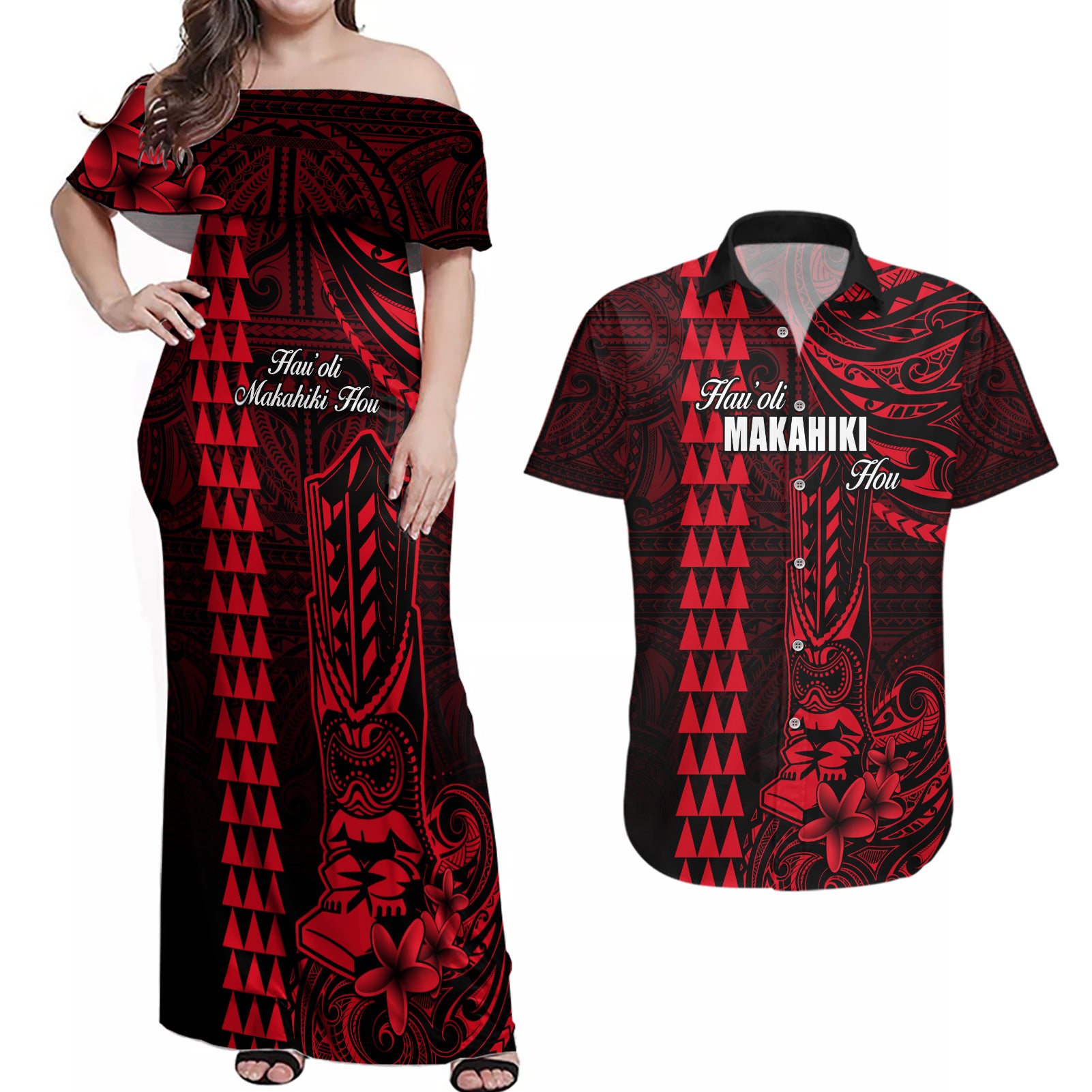 Personalized Hawaii Hauoli Makahiki Hou Couples Matching Off Shoulder Maxi Dress and Hawaiian Shirt Lono Hawaiian God Kakau Polynesian Tribal Red LT05 Red - Polynesian Pride