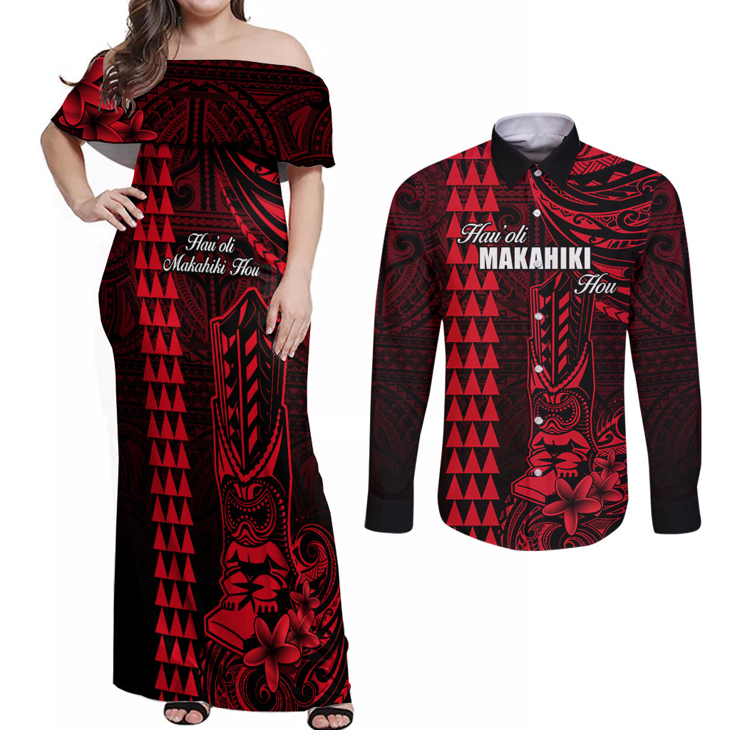 Personalized Hawaii Hauoli Makahiki Hou Couples Matching Off Shoulder Maxi Dress and Long Sleeve Button Shirts Lono Hawaiian God Kakau Polynesian Tribal Red LT05 Red - Polynesian Pride