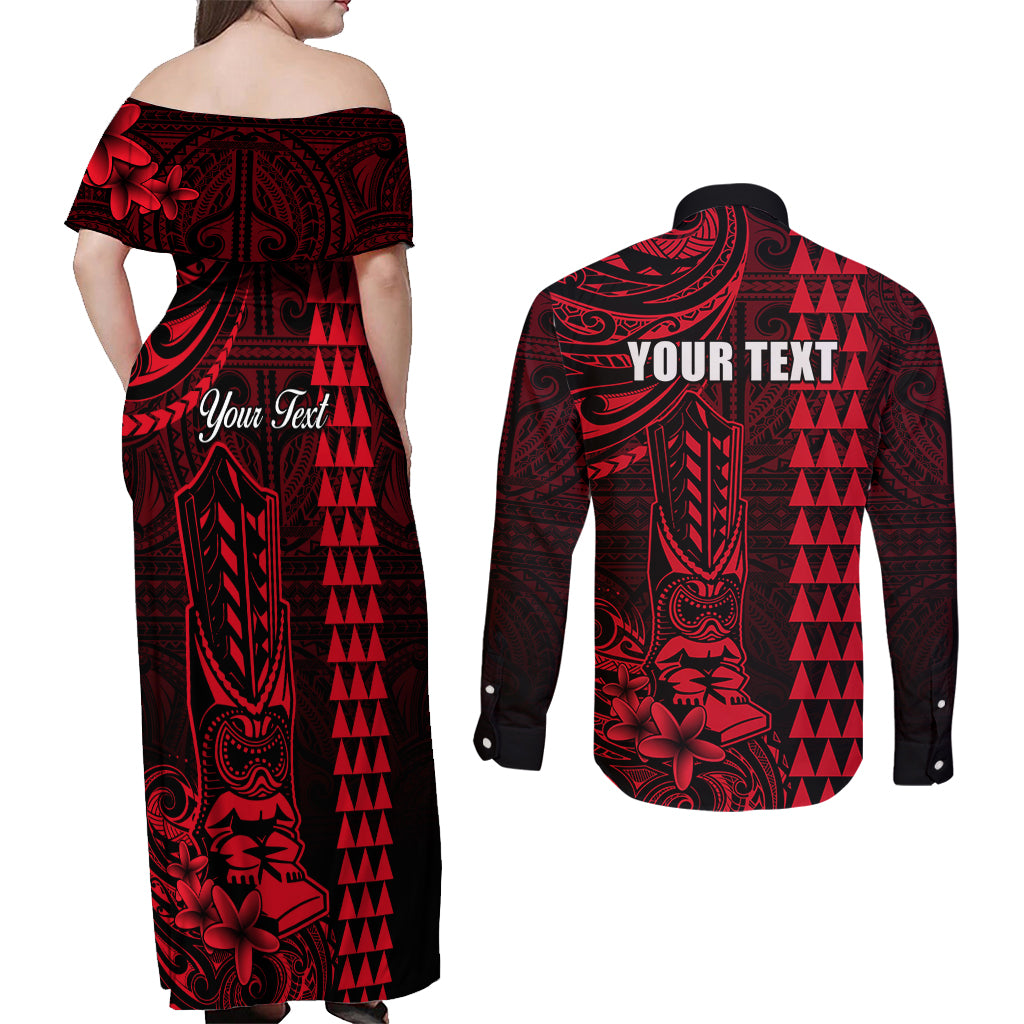 Personalized Hawaii Hauoli Makahiki Hou Couples Matching Off Shoulder Maxi Dress and Long Sleeve Button Shirts Lono Hawaiian God Kakau Polynesian Tribal Red LT05 - Polynesian Pride