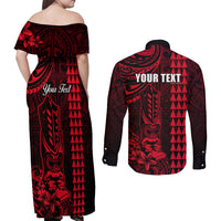 Personalized Hawaii Hauoli Makahiki Hou Couples Matching Off Shoulder Maxi Dress and Long Sleeve Button Shirts Lono Hawaiian God Kakau Polynesian Tribal Red LT05 - Polynesian Pride