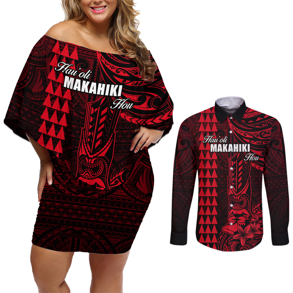 Personalized Hawaii Hauoli Makahiki Hou Couples Matching Off Shoulder Short Dress and Long Sleeve Button Shirts Lono Hawaiian God Kakau Polynesian Tribal Red LT05 Red - Polynesian Pride