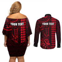 Personalized Hawaii Hauoli Makahiki Hou Couples Matching Off Shoulder Short Dress and Long Sleeve Button Shirts Lono Hawaiian God Kakau Polynesian Tribal Red LT05 - Polynesian Pride