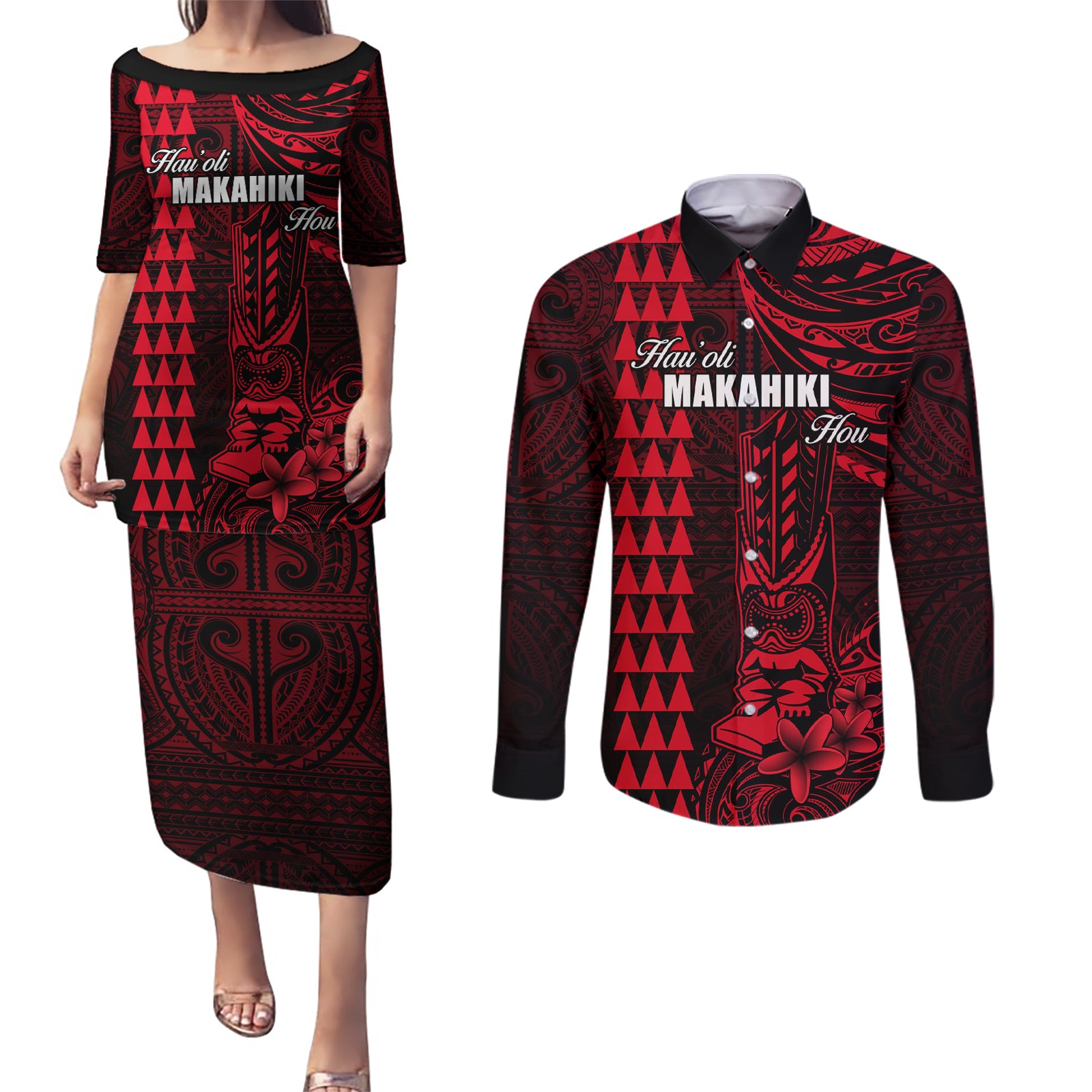 Personalized Hawaii Hauoli Makahiki Hou Couples Matching Puletasi Dress and Long Sleeve Button Shirts Lono Hawaiian God Kakau Polynesian Tribal Red LT05 Red - Polynesian Pride