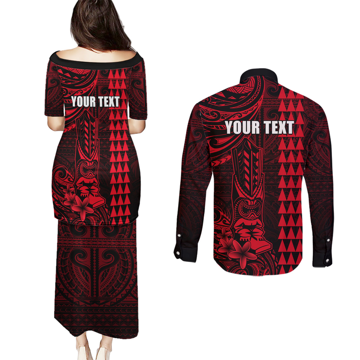 Personalized Hawaii Hauoli Makahiki Hou Couples Matching Puletasi Dress and Long Sleeve Button Shirts Lono Hawaiian God Kakau Polynesian Tribal Red LT05 - Polynesian Pride
