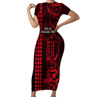 Personalized Hawaii Hauoli Makahiki Hou Family Matching Short Sleeve Bodycon Dress and Hawaiian Shirt Lono Hawaiian God Kakau Polynesian Tribal Red LT05 Mom's Dress Red - Polynesian Pride