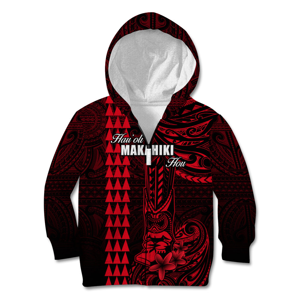 Personalized Hawaii Hauoli Makahiki Hou Kid Hoodie Lono Hawaiian God Kakau Polynesian Tribal Red LT05 Zip Hoodie Red - Polynesian Pride