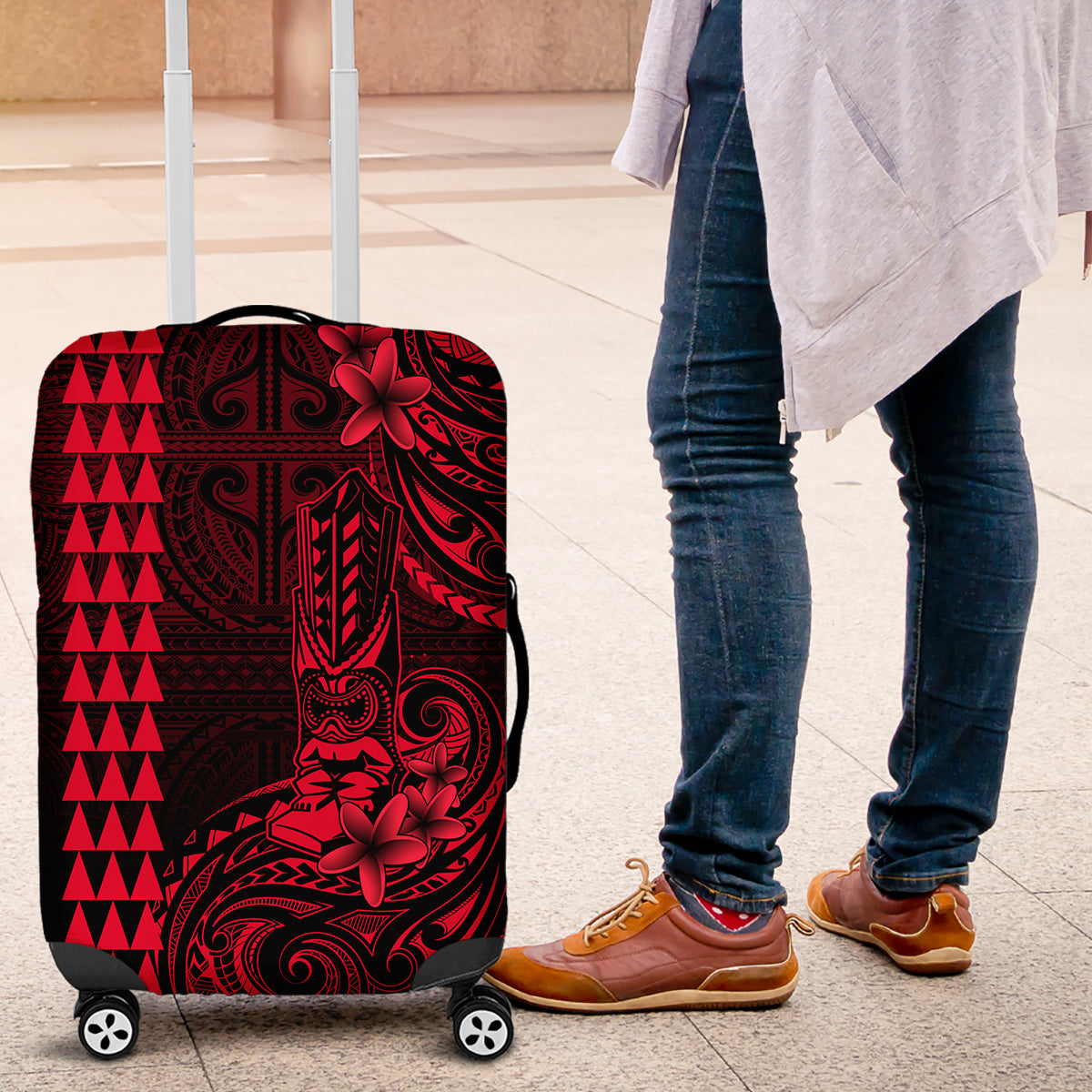 Hawaii Hauoli Makahiki Hou Luggage Cover Lono Hawaiian God Kakau Polynesian Tribal Red LT05 Red - Polynesian Pride