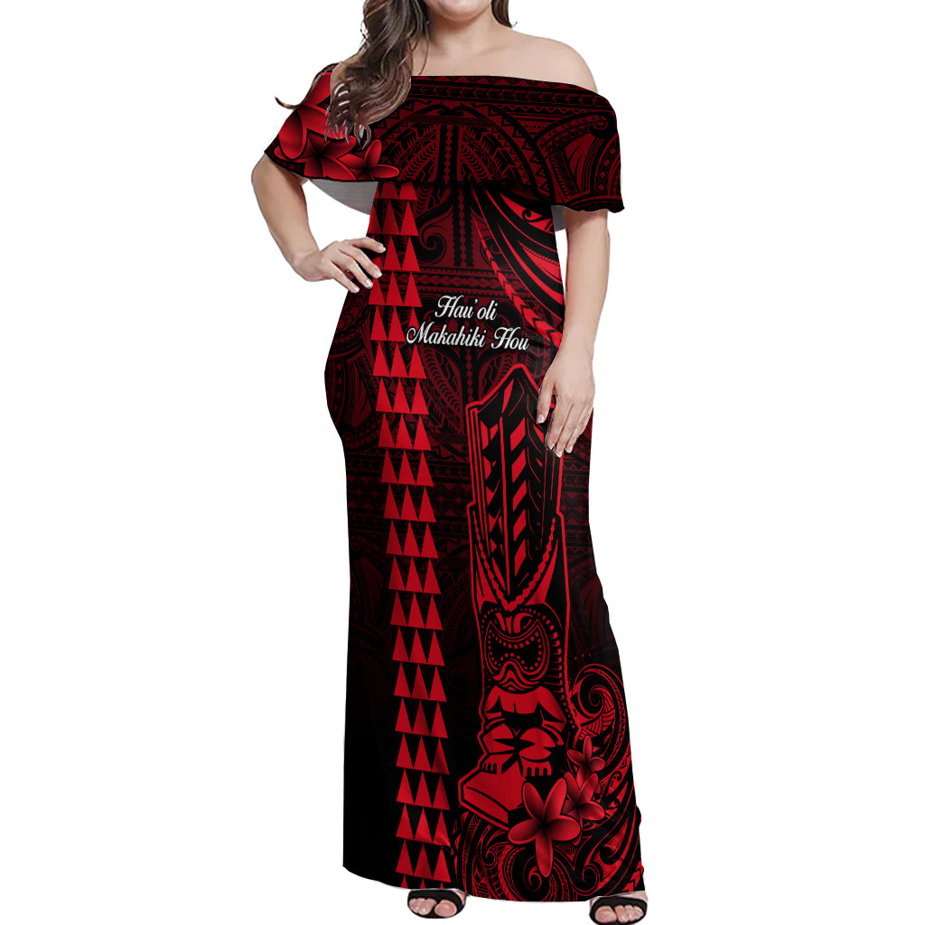 Personalized Hawaii Hauoli Makahiki Hou Off Shoulder Maxi Dress Lono Hawaiian God Kakau Polynesian Tribal Red LT05 Women Red - Polynesian Pride
