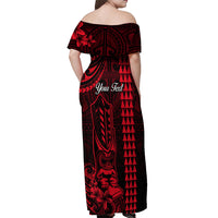 Personalized Hawaii Hauoli Makahiki Hou Off Shoulder Maxi Dress Lono Hawaiian God Kakau Polynesian Tribal Red LT05 - Polynesian Pride
