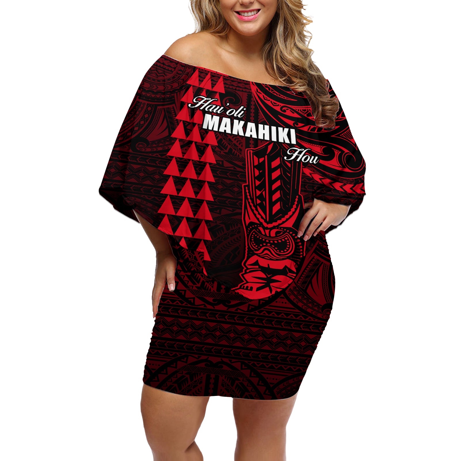 Personalized Hawaii Hauoli Makahiki Hou Off Shoulder Short Dress Lono Hawaiian God Kakau Polynesian Tribal Red LT05 Women Red - Polynesian Pride