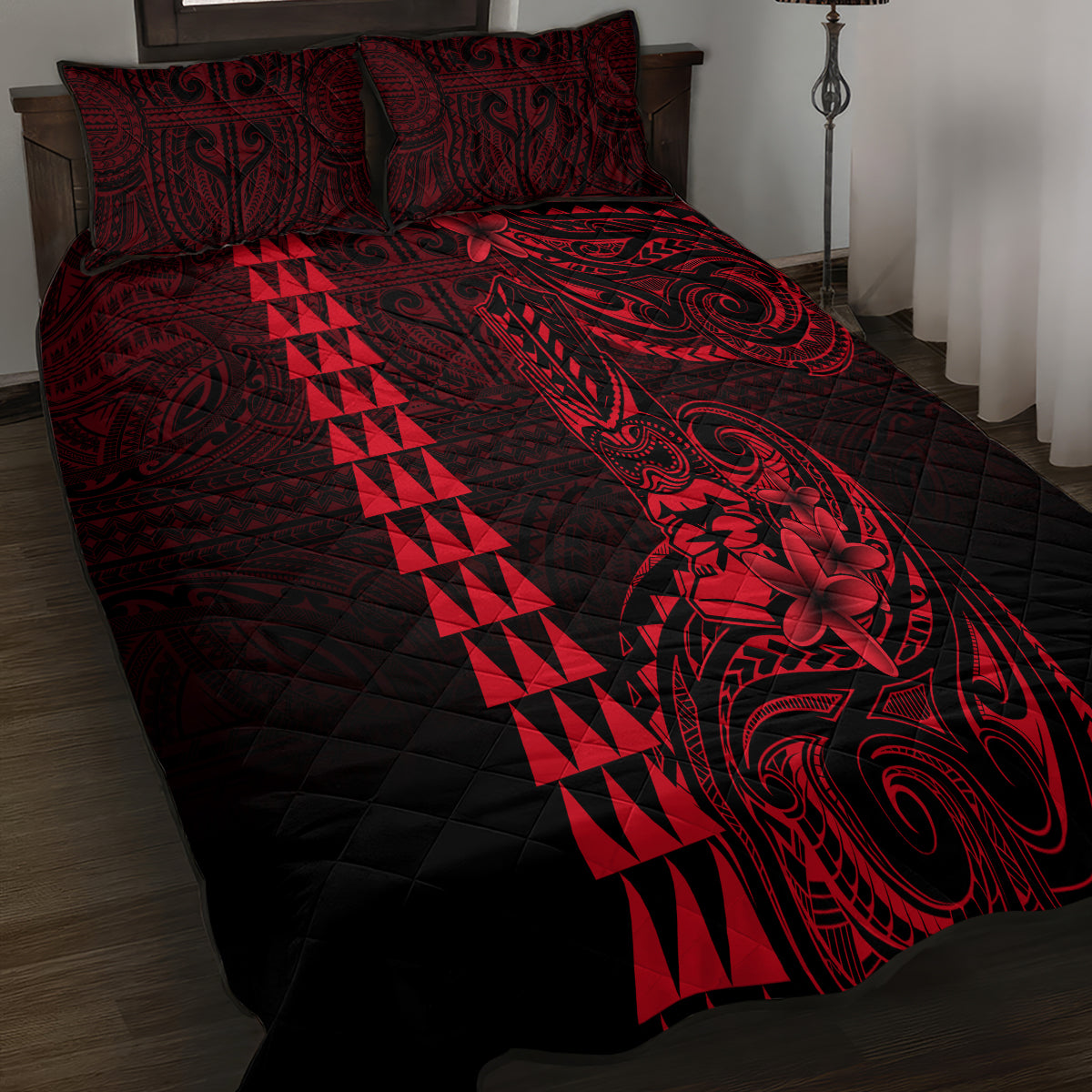 Hawaii Hauoli Makahiki Hou Quilt Bed Set Lono Hawaiian God Kakau Polynesian Tribal Red LT05 - Polynesian Pride