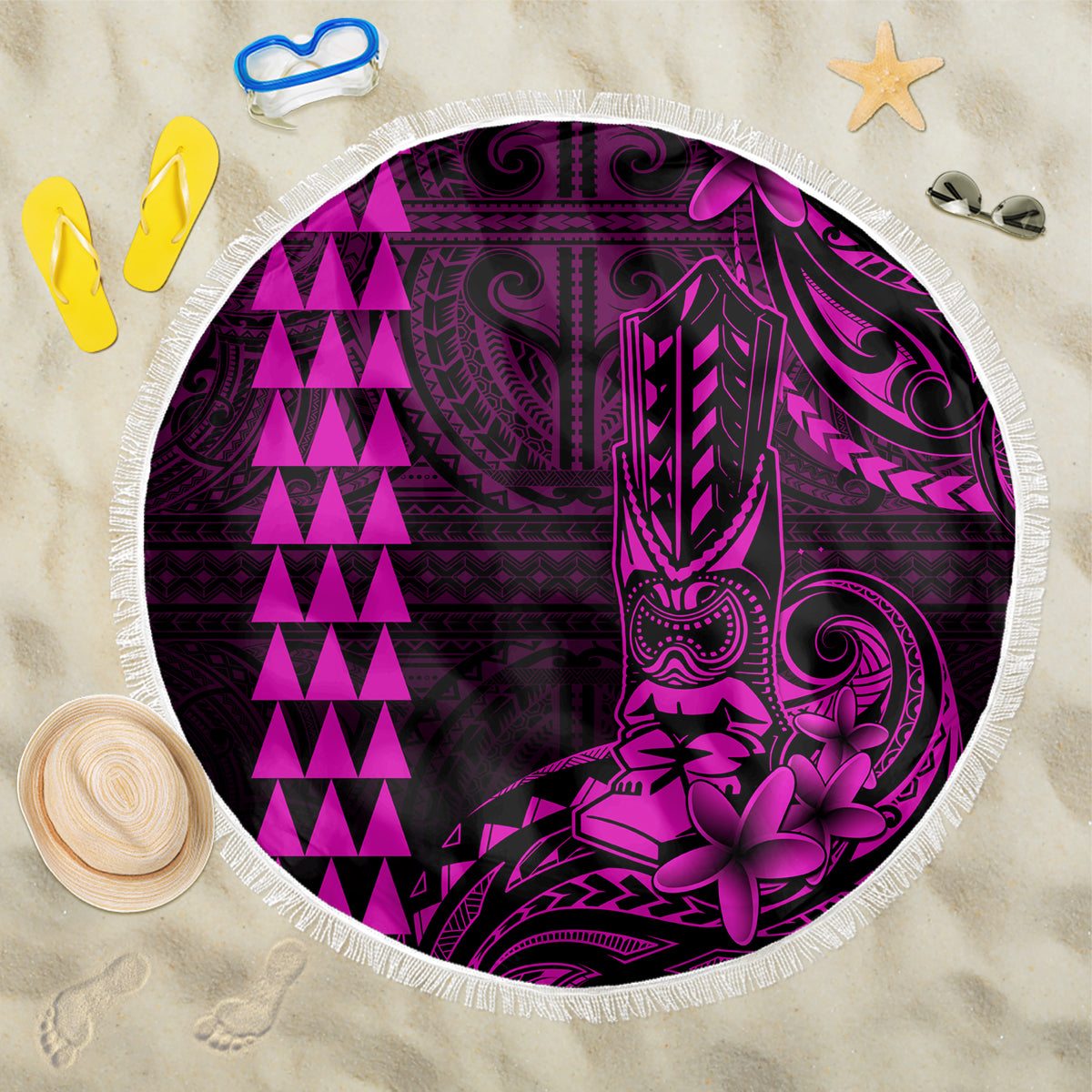 Hawaii Hauoli Makahiki Hou Beach Blanket Lono Hawaiian God Kakau Polynesian Tribal Pink LT05 One Size 150cm Pink - Wonder Print Shop