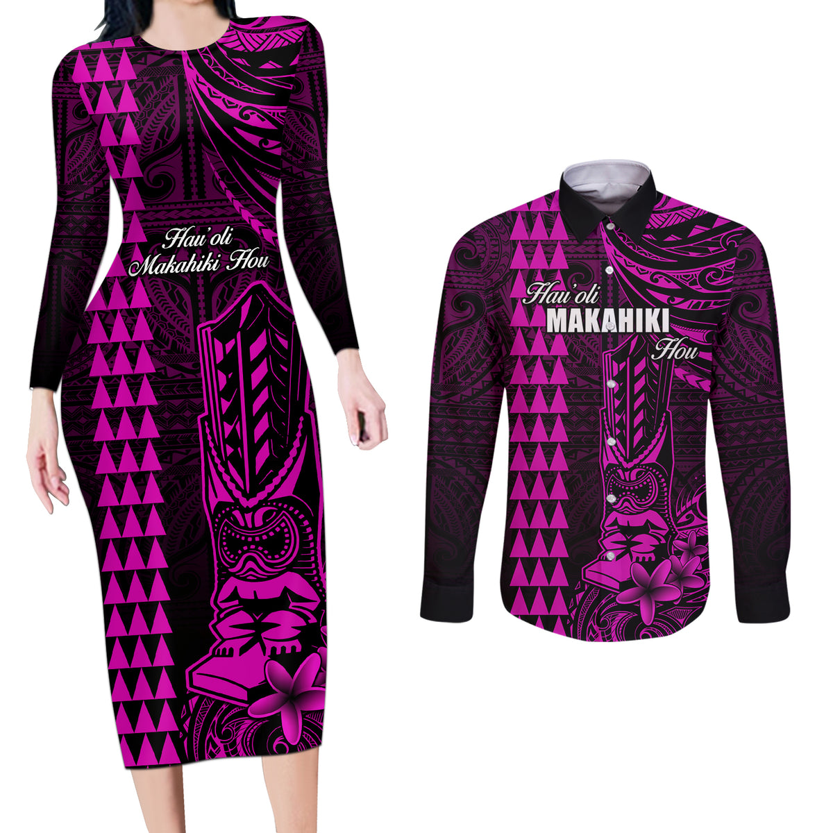 Personalized Hawaii Hauoli Makahiki Hou Couples Matching Long Sleeve Bodycon Dress and Long Sleeve Button Shirts Lono Hawaiian God Kakau Polynesian Tribal Pink LT05 Pink - Polynesian Pride