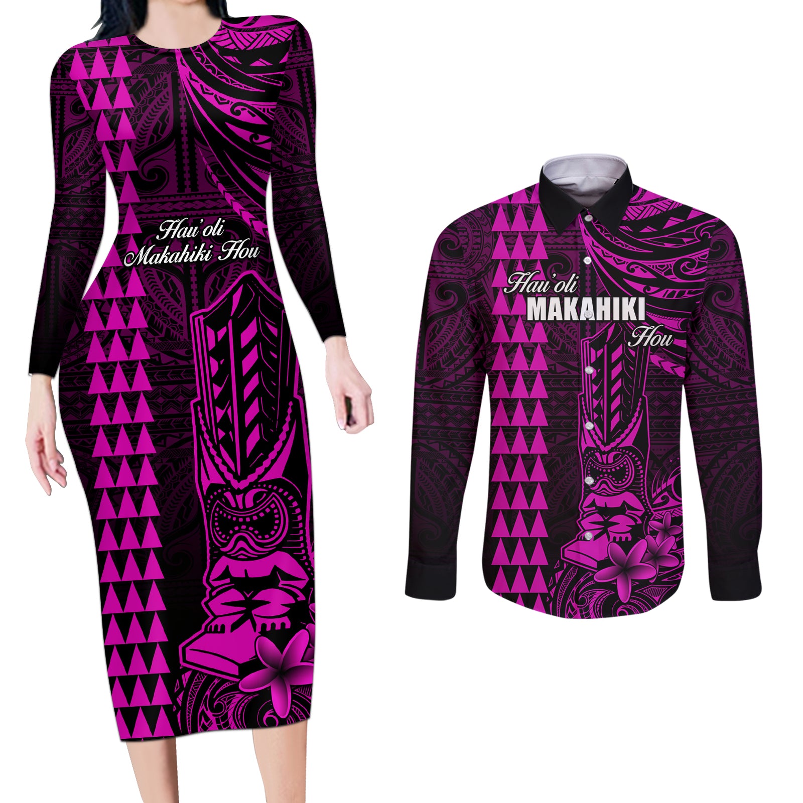 Personalized Hawaii Hauoli Makahiki Hou Couples Matching Long Sleeve Bodycon Dress and Long Sleeve Button Shirts Lono Hawaiian God Kakau Polynesian Tribal Pink LT05 Pink - Polynesian Pride
