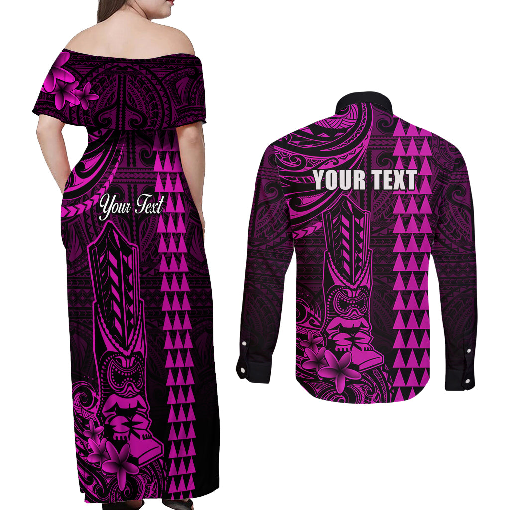 Personalized Hawaii Hauoli Makahiki Hou Couples Matching Off Shoulder Maxi Dress and Long Sleeve Button Shirts Lono Hawaiian God Kakau Polynesian Tribal Pink LT05 - Polynesian Pride