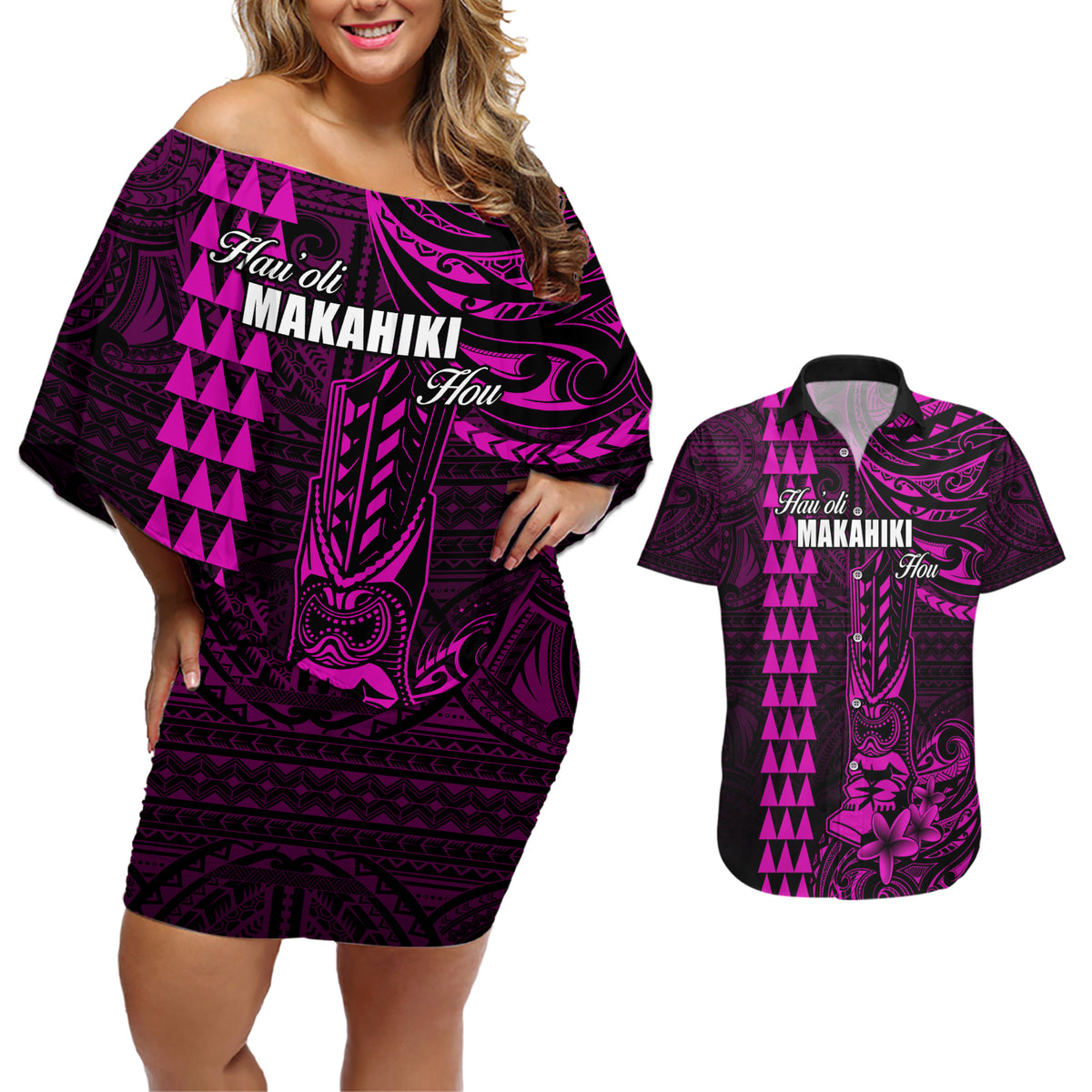 Personalized Hawaii Hauoli Makahiki Hou Couples Matching Off Shoulder Short Dress and Hawaiian Shirt Lono Hawaiian God Kakau Polynesian Tribal Pink LT05 Pink - Polynesian Pride