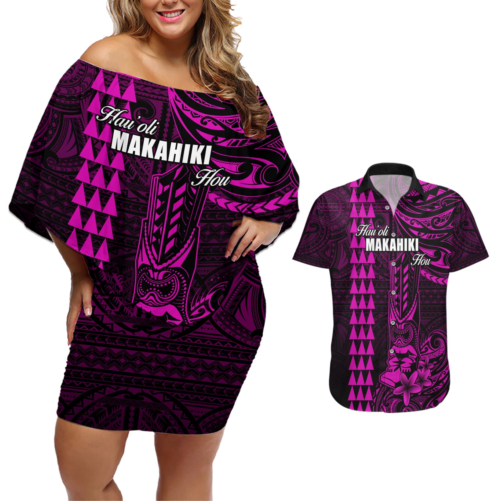 Personalized Hawaii Hauoli Makahiki Hou Couples Matching Off Shoulder Short Dress and Hawaiian Shirt Lono Hawaiian God Kakau Polynesian Tribal Pink LT05 Pink - Polynesian Pride
