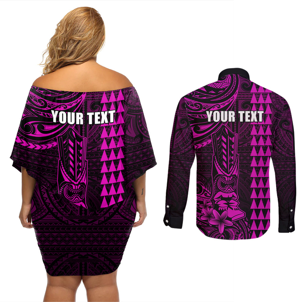 Personalized Hawaii Hauoli Makahiki Hou Couples Matching Off Shoulder Short Dress and Long Sleeve Button Shirts Lono Hawaiian God Kakau Polynesian Tribal Pink LT05 - Polynesian Pride