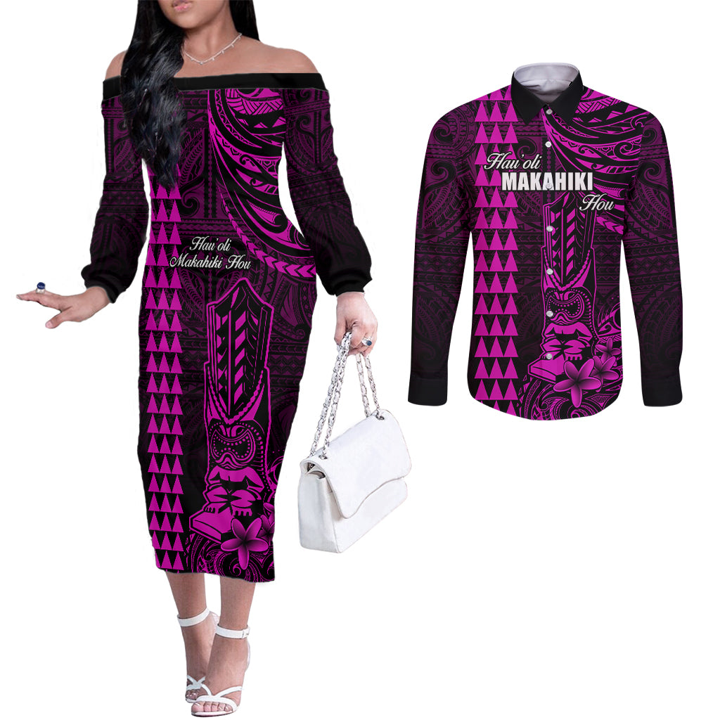 Personalized Hawaii Hauoli Makahiki Hou Couples Matching Off The Shoulder Long Sleeve Dress and Long Sleeve Button Shirts Lono Hawaiian God Kakau Polynesian Tribal Pink LT05 Pink - Polynesian Pride