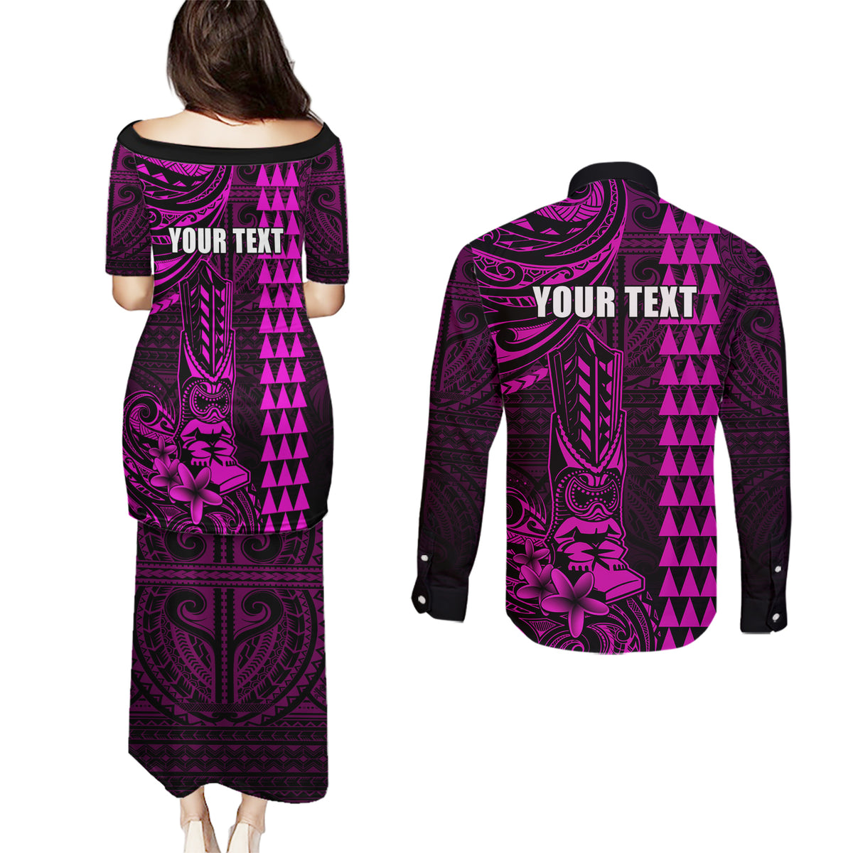 Personalized Hawaii Hauoli Makahiki Hou Couples Matching Puletasi Dress and Long Sleeve Button Shirts Lono Hawaiian God Kakau Polynesian Tribal Pink LT05 - Polynesian Pride