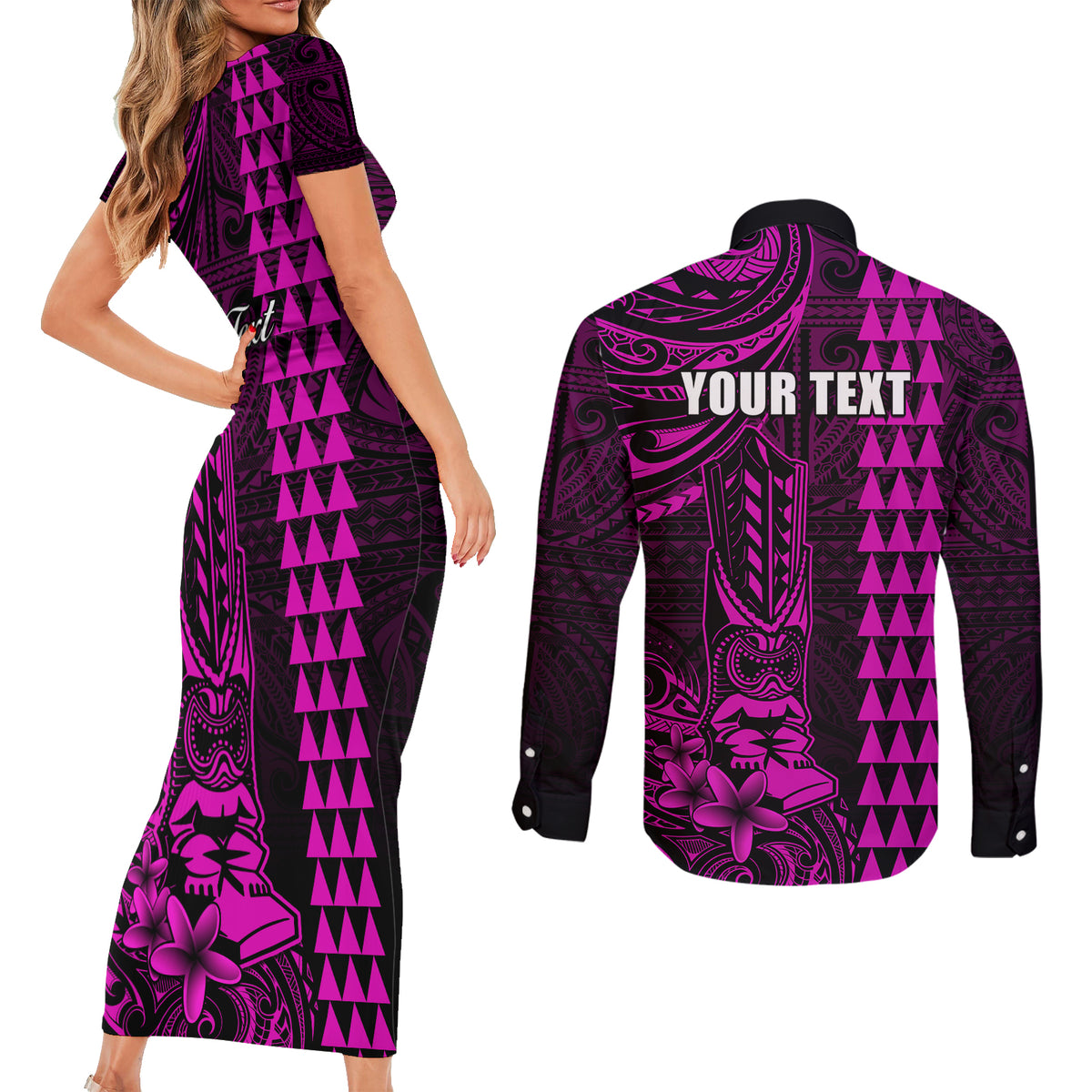 Personalized Hawaii Hauoli Makahiki Hou Couples Matching Short Sleeve Bodycon Dress and Long Sleeve Button Shirts Lono Hawaiian God Kakau Polynesian Tribal Pink LT05 - Polynesian Pride