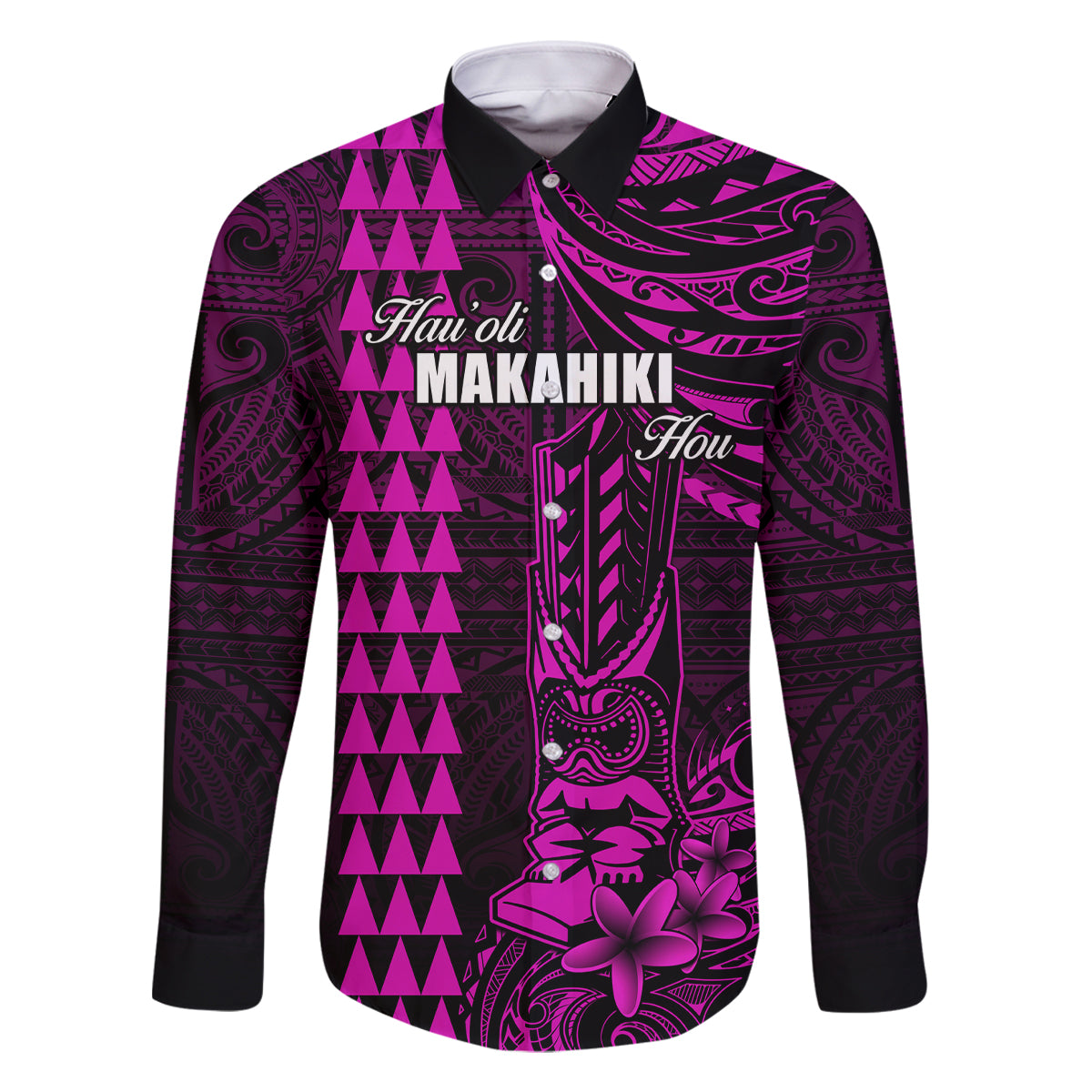 Personalized Hawaii Hauoli Makahiki Hou Family Matching Off Shoulder Long Sleeve Dress and Hawaiian Shirt Lono Hawaiian God Kakau Polynesian Tribal Pink LT05 Dad's Shirt - Long Sleeve Pink - Polynesian Pride
