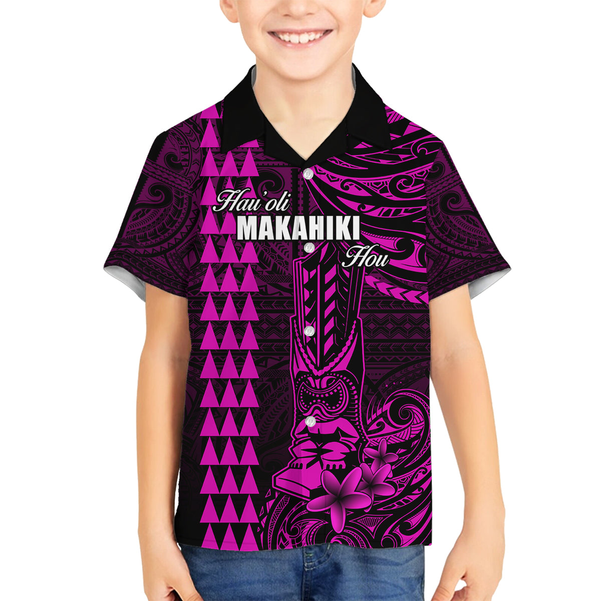 Personalized Hawaii Hauoli Makahiki Hou Family Matching Off Shoulder Short Dress and Hawaiian Shirt Lono Hawaiian God Kakau Polynesian Tribal Pink LT05 Son's Shirt Pink - Polynesian Pride