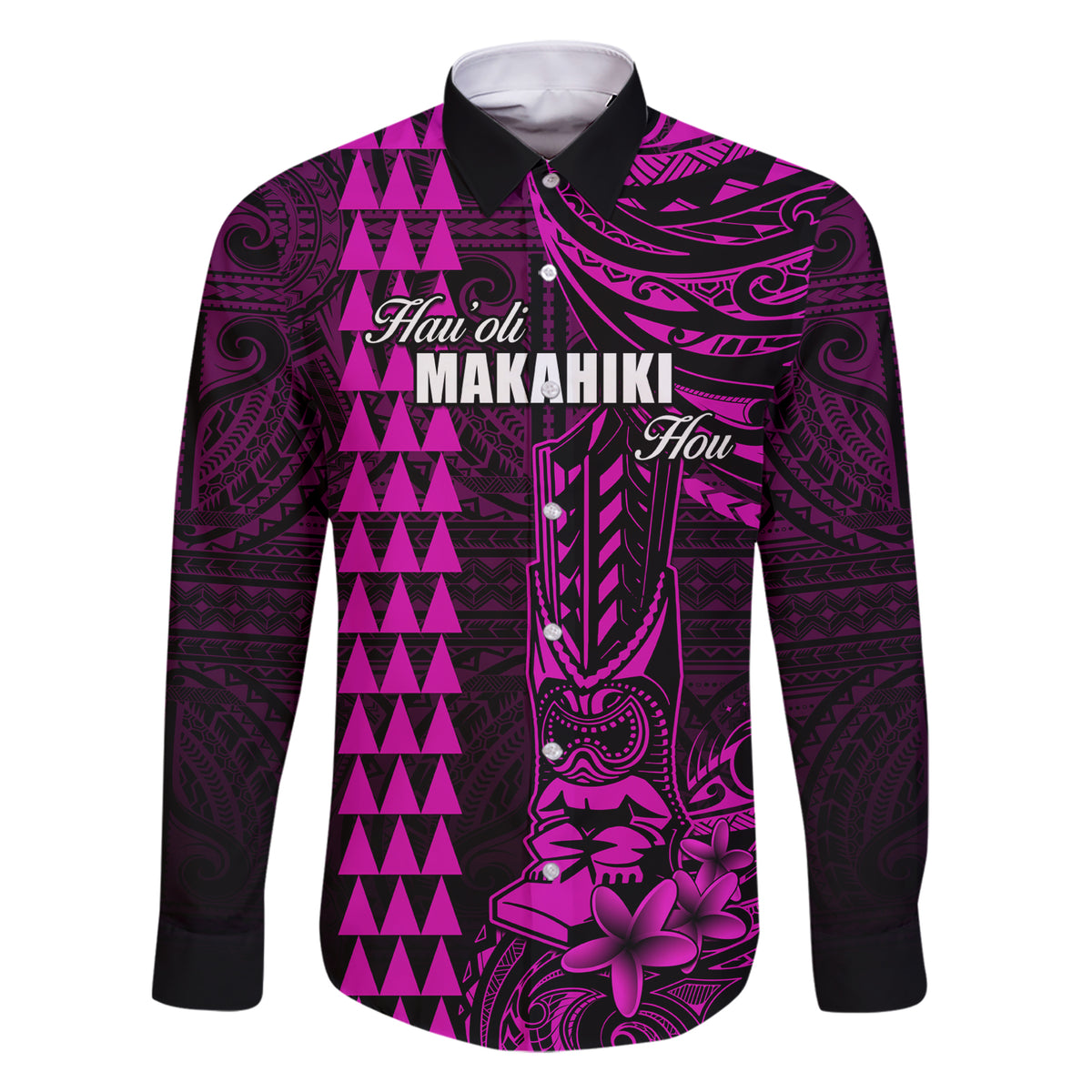 Personalized Hawaii Hauoli Makahiki Hou Family Matching Short Sleeve Bodycon Dress and Hawaiian Shirt Lono Hawaiian God Kakau Polynesian Tribal Pink LT05 Dad's Shirt - Long Sleeve Pink - Polynesian Pride