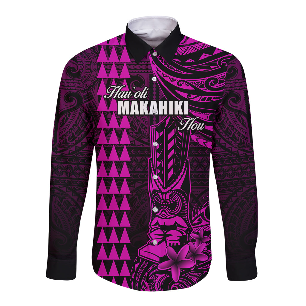 Personalized Hawaii Hauoli Makahiki Hou Long Sleeve Button Shirt Lono Hawaiian God Kakau Polynesian Tribal Pink LT05 Unisex Pink - Polynesian Pride