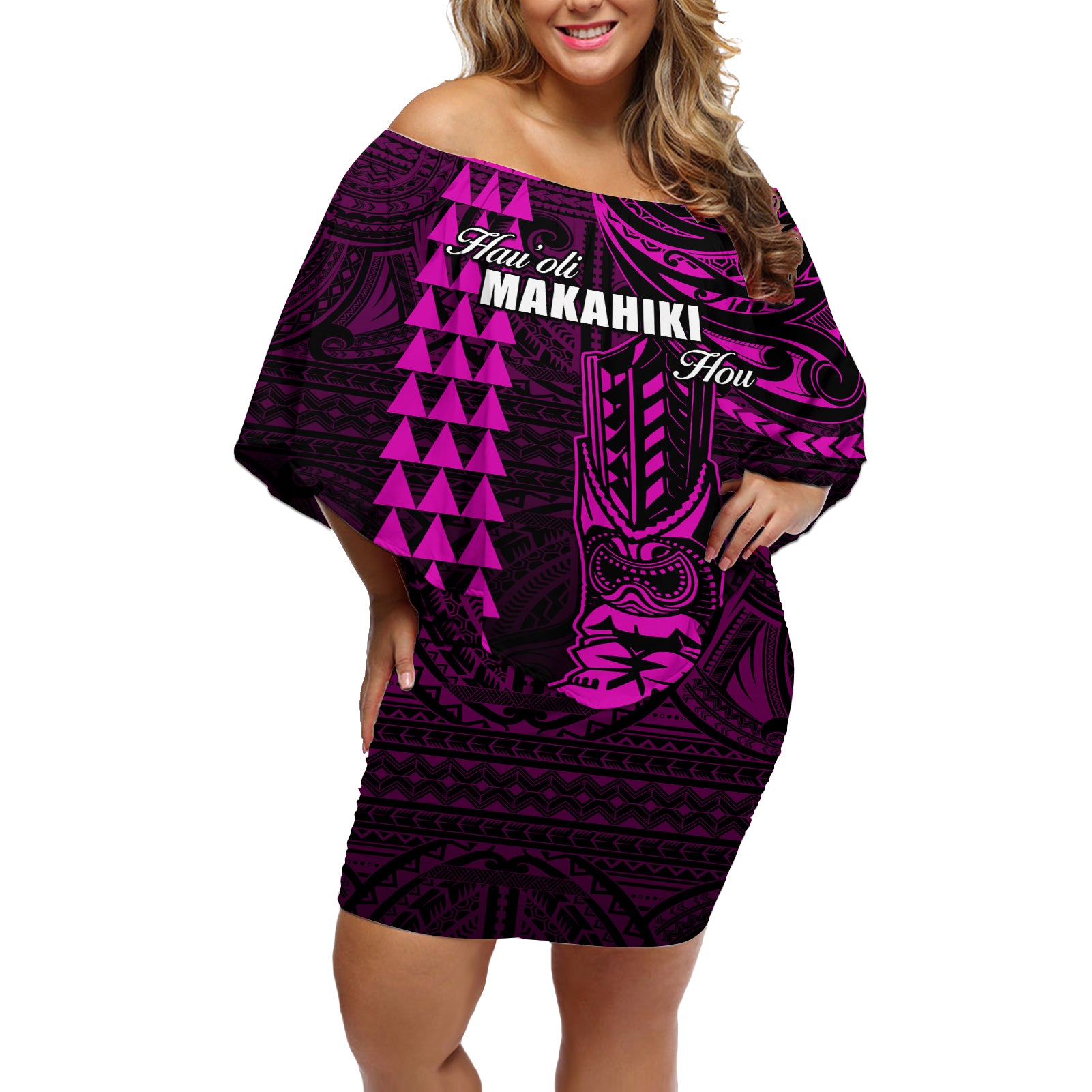 Personalized Hawaii Hauoli Makahiki Hou Off Shoulder Short Dress Lono Hawaiian God Kakau Polynesian Tribal Pink LT05 Women Pink - Polynesian Pride