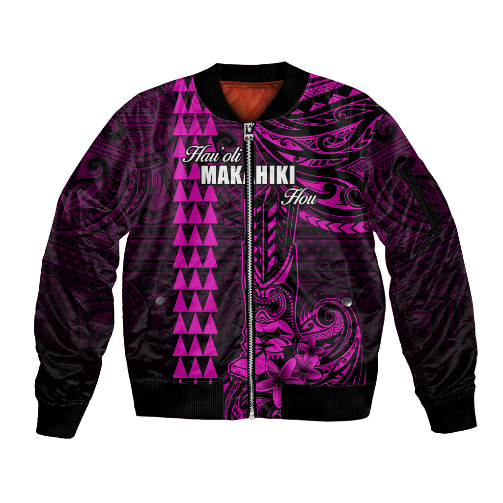 Personalized Hawaii Hauoli Makahiki Hou Sleeve Zip Bomber Jacket Lono Hawaiian God Kakau Polynesian Tribal Pink LT05 Unisex Pink - Polynesian Pride