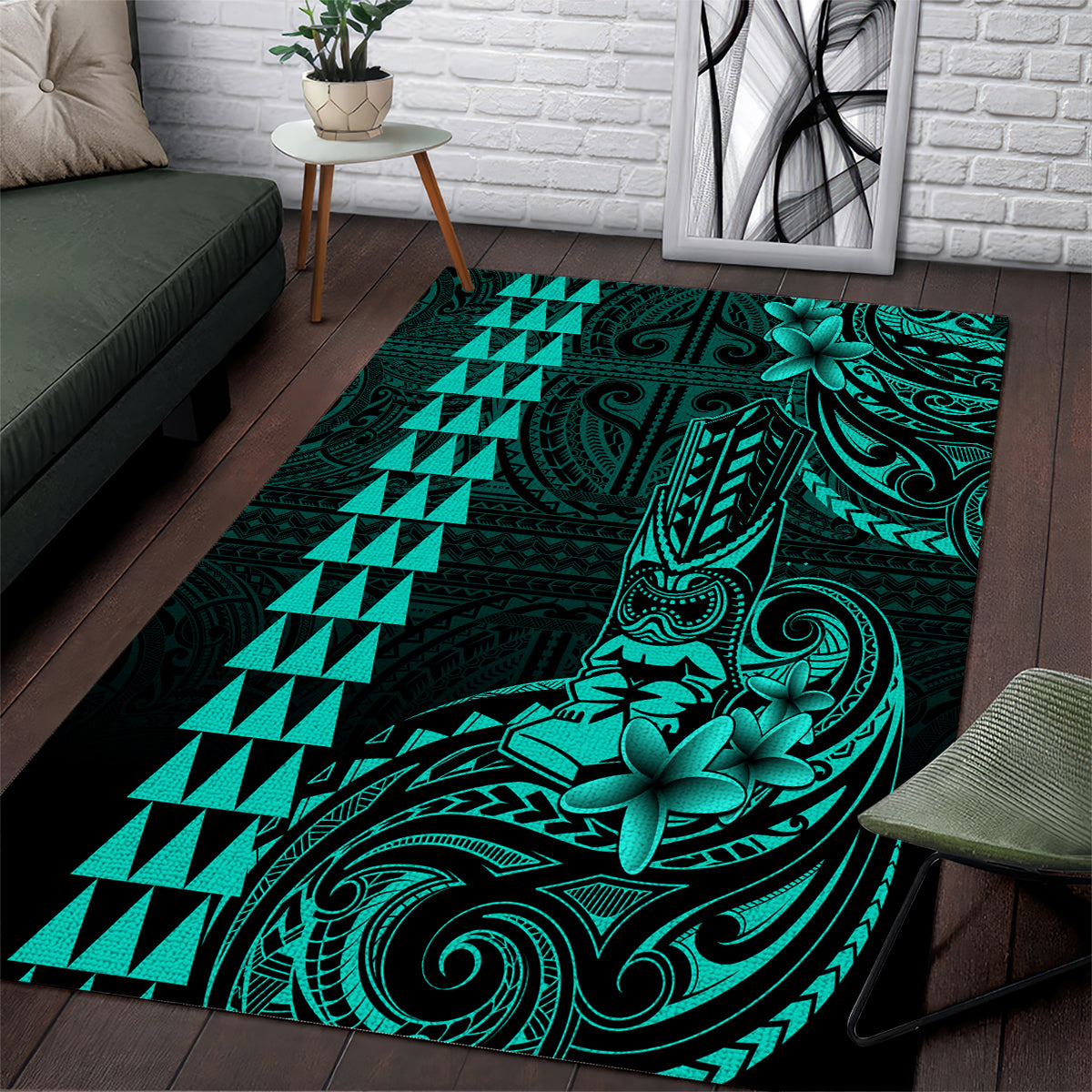 Hawaii Hauoli Makahiki Hou Area Rug Lono Hawaiian God Kakau Polynesian Tribal Turquoise LT05 Turquoise - Polynesian Pride