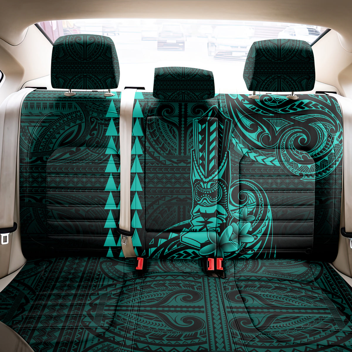 Hawaii Hauoli Makahiki Hou Back Car Seat Cover Lono Hawaiian God Kakau Polynesian Tribal Turquoise LT05 - Polynesian Pride