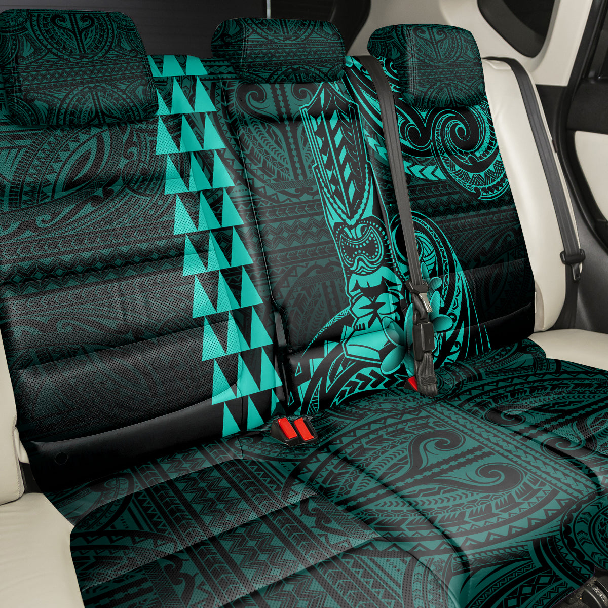 Hawaii Hauoli Makahiki Hou Back Car Seat Cover Lono Hawaiian God Kakau Polynesian Tribal Turquoise LT05 - Polynesian Pride
